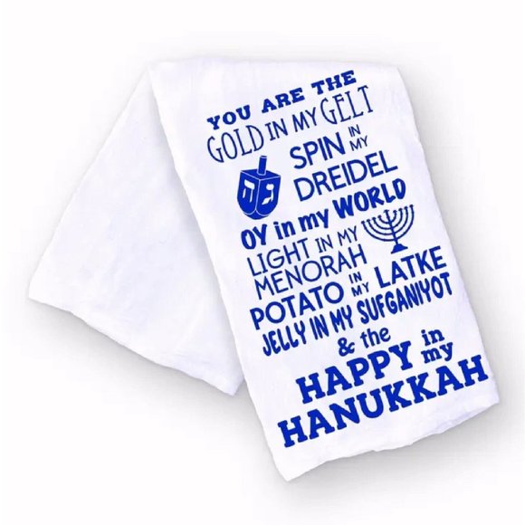 Gelt, Dreidel, Latkes, All Things Hanukkah Chanukah Kitchen Towel -NEW Fast Ship - Picture 1 of 3